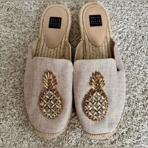 WHBM Rhinestone Pineapple Espadrille Slides Tropical Fun Festival Size 10M Mules